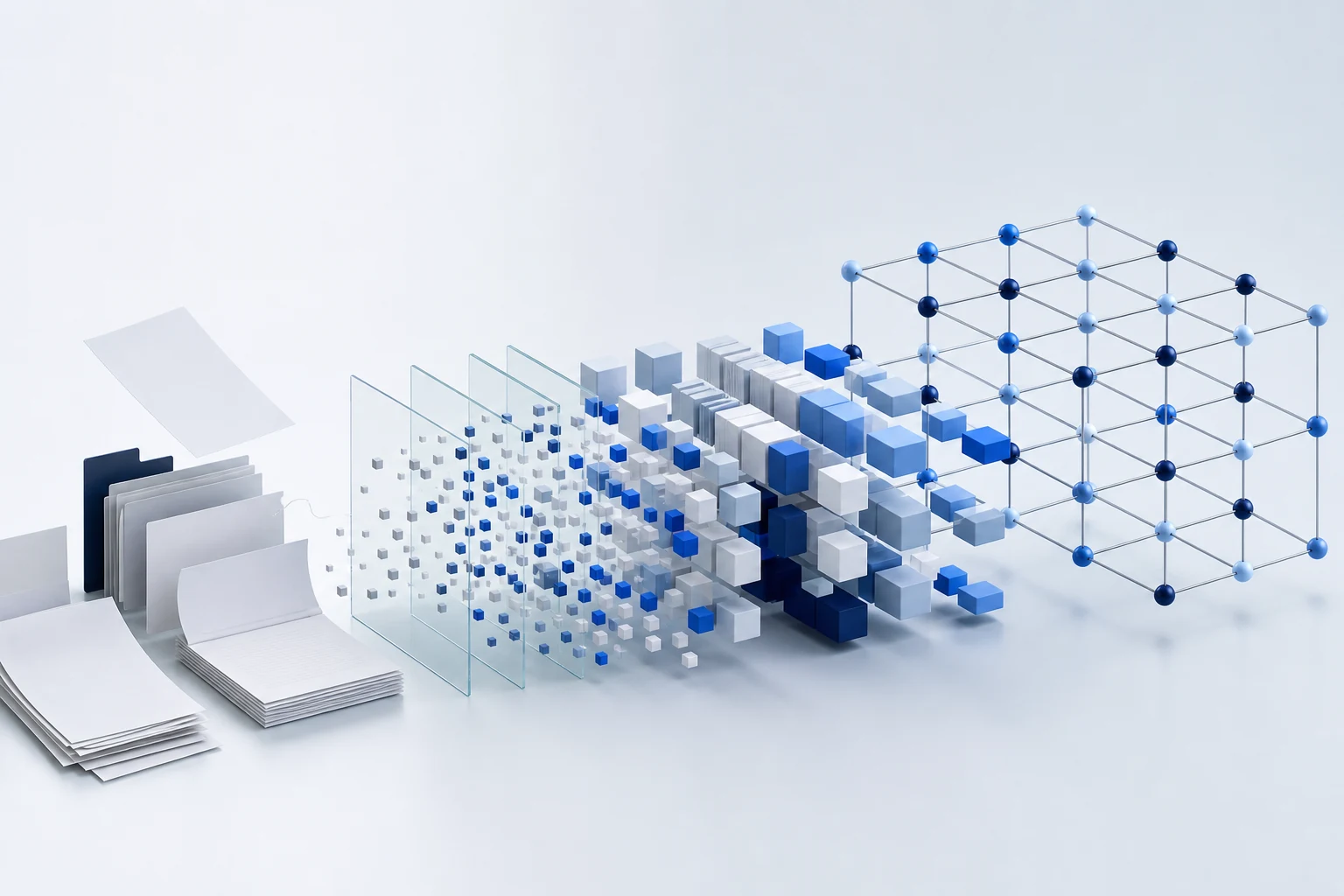 Blank documents transforming into semantic chunks and a vector embedding lattice