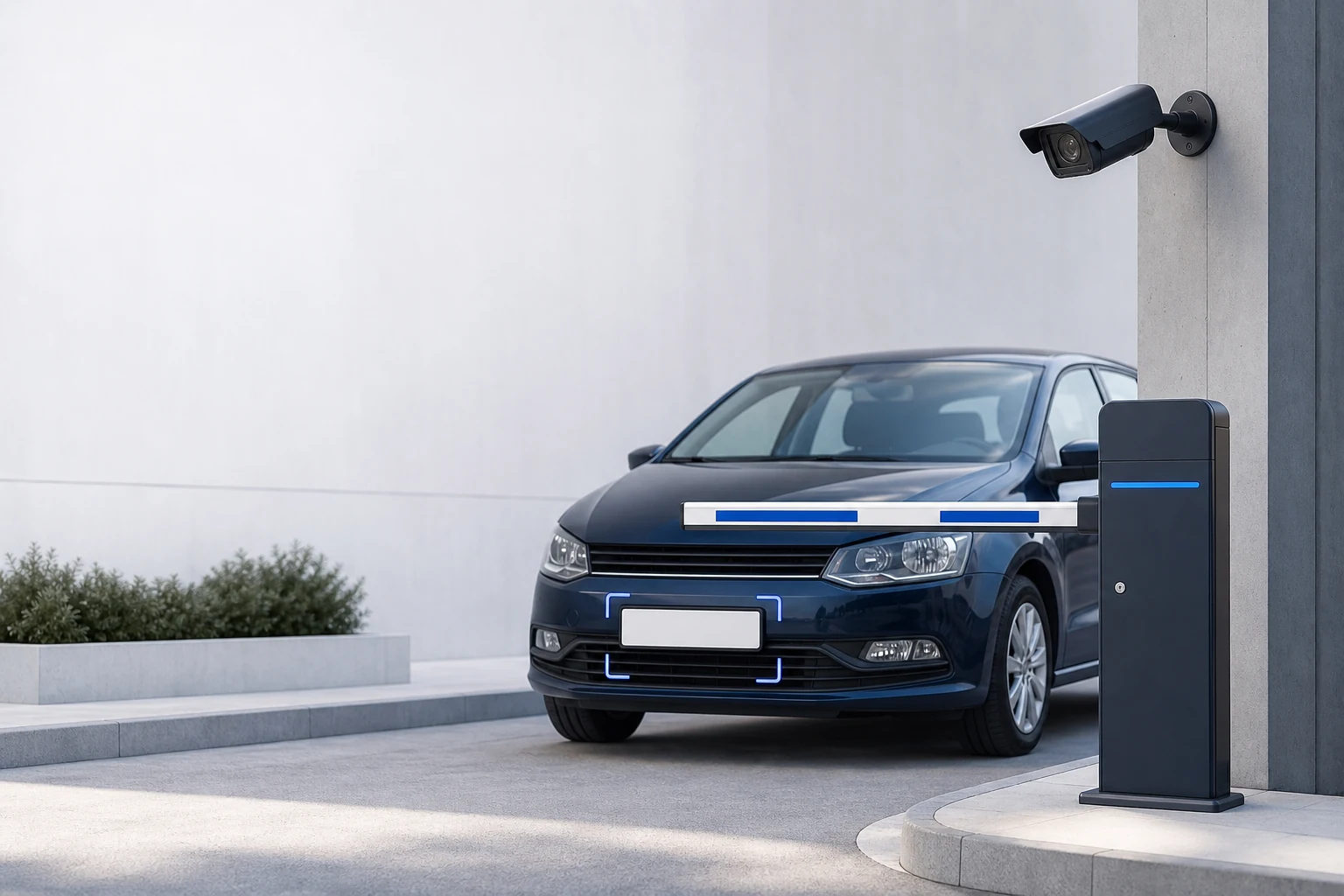 Parking entrance with a vehicle, camera and license-plate recognition focus